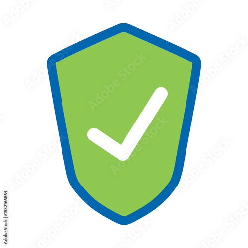 Green shield with white checkmark and blue border vector icon. Security protection symbol for cybersecurity, insurance guarantee, verified safety, trust approval, and health data privacy. Isolated.