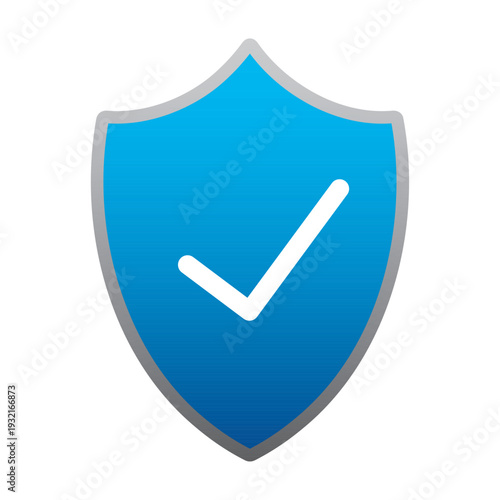 Blue gradient shield with white checkmark and silver border vector icon. Security protection symbol for digital cybersecurity, insurance guarantee, verified safety, trust approval, and data privacy.