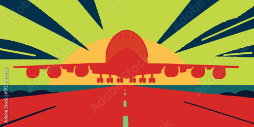 Bold graphic illustration of a red airplane taking off into a sunburst sky on a runway