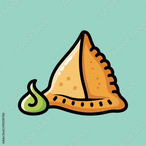 A cartoon illustration of a golden-brown samosa with a dollop of vibrant green chutney on a light blue background.