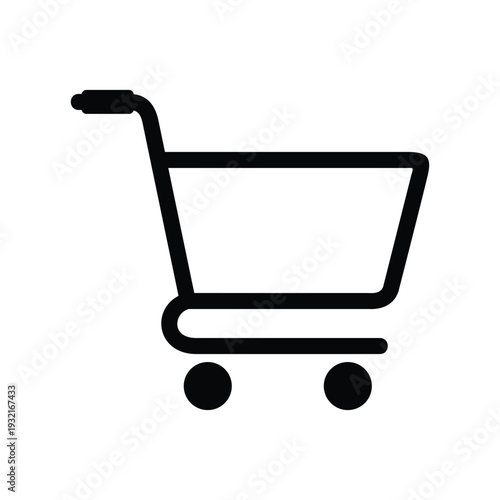 Black shopping cart icon with two small wheels and a tilted basket, usually used to represent online shopping, e-commerce, retail stores, or adding items to a cart in digital applications.