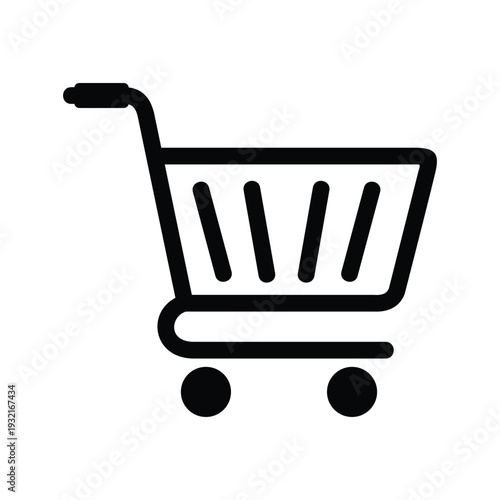 Black shopping cart icon with two small wheels and a tilted basket, usually used to represent online shopping, e-commerce, retail stores, or adding items to a cart in digital applications.