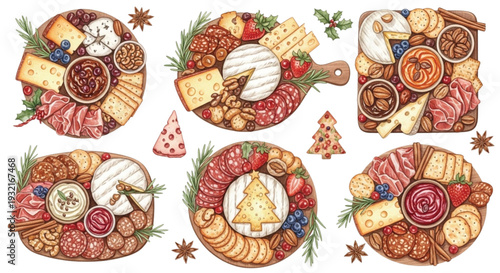 Watercolor Christmas Charcuterie Board Set with Cheese, Meats, Nuts and Festive Holiday Elements