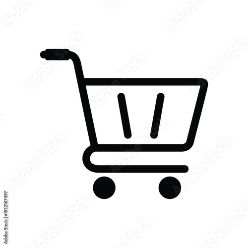 Black shopping cart icon with two small wheels and a tilted basket, usually used to represent online shopping, e-commerce, retail stores, or adding items to a cart in digital applications.