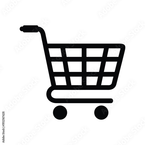 Black shopping cart icon with two small wheels and a tilted basket, usually used to represent online shopping, e-commerce, retail stores, or adding items to a cart in digital applications.