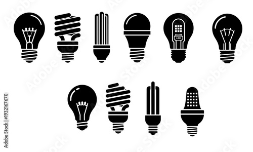 Light Bulb Icon Set – Incandescent, CFL and LED Lamp Silhouette Collection