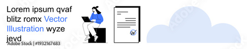 Digital work, cloud storage, online collaboration, document management, remote work, technology use. Person sitting with laptop beside a document and cloud symbol. Digital work and cloud storage