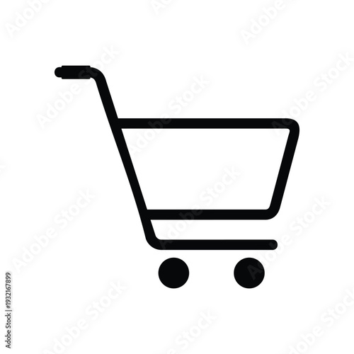 Black shopping cart icon with two small wheels and a tilted basket, usually used to represent online shopping, e-commerce, retail stores, or adding items to a cart in digital applications.