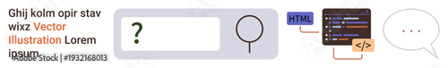 Web development, search functionality, coding interface, programming education, digital design, online communication. A search bar, coding interface block and speech bubble. Web development