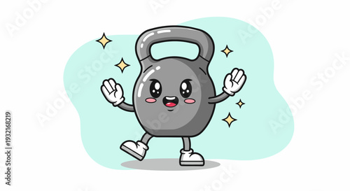 Cheerful cartoon kettlebell mascot lifting arms pose.