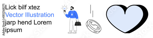 Business strategy, innovation, financial success, conceptual ideas, emotional connection, minimalism. Professional holding a lightbulb, a dollar coin and a heart symbol. Business strategy
