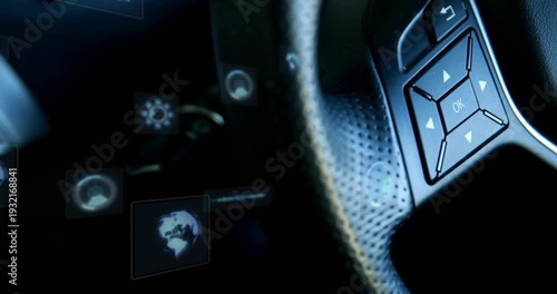 Camera panning right, wheel control appearing while holo icons floating and shifting, showing HUD