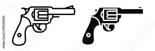 Classic Revolver Pistol Icon Set with Handgun and Firearm Vector Illustration for Action Game Design and Security Branding