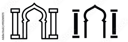 Islamic Arch and Mosque Pillar Icon Set with Arabic Portal and Oriental Doorway Vector Illustration Isolated on White Background