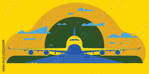 Stylized illustration of a commercial airplane on a runway during a vibrant golden sunset with hills