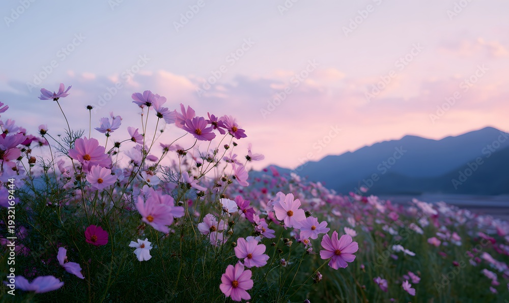 Obraz premium a field of cosmos flowers in full bloom, with the sun setting behind mountains in the background