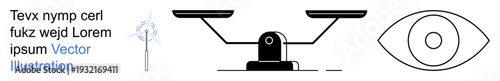 Renewable energy, environmental consciousness, justice, equality, vision, design concepts. Wind turbine, balanced scales and an eye symbol. Renewable energy and justice