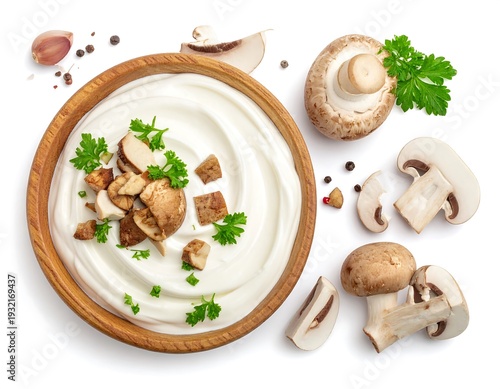 Overhead view of creamy dip in a wooden bowl with sauteed mushrooms and fresh parsley