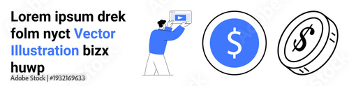 Man presenting tablet with play button symbol and coins with dollar signs. Ideal for technology, finance, online education, media, e-commerce, investment, and marketing. Perfect for a simple landing