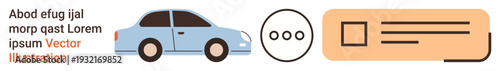 Automotive navigation, transportation apps, car rentals, digital services, location tracking, user interface. A car, three-dot symbol and text box. Automotive navigation and transportation apps