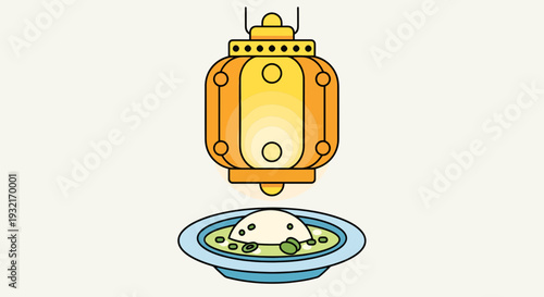 Asian lantern casts light on a bowl of traditional Chinese savory rice porridge vector illustration for culinary culture and festive occasions