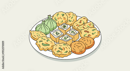 Assorted Asian street food snacks on a white plate including tofu scallion pancakes and dumplings in a cartoon illustration style