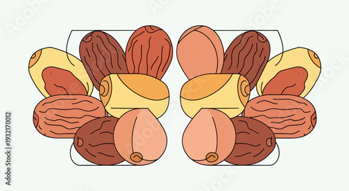 Assorted dates and nuts arranged symmetrically in cartoon style; healthy mix of food and snacks with tan colors for culinary designs