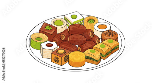 Assorted Middle Eastern sweets on a plate: dates baklava maamoul and other pastries in vector style colorful assortment for dessert and cultural celebrations