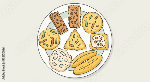 Assorted traditional snacks on a white plate featuring fried tempeh bananas and fritters in a cartoon style illustration for food presentation