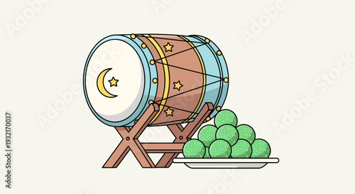Bedug drum and plate of green Klepon balls illustration for Eid al-Fitr celebration in cartoon style; traditional Indonesian food and percussion instrument