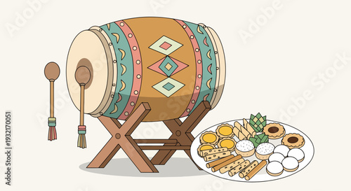 Bedug drum with Indonesian snacks on plate in cartoon illustration style celebrating Eid al-Fitr symbolizing culture tradition and festive hospitality
