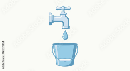 Blue water tap dripping into a bucket vector illustration in cartoon style symbolizing water conservation and plumbing repair service