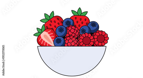 Bowl filled with juicy strawberries blueberries and raspberries a vibrant vector illustration perfect for healthy eating and summer themes