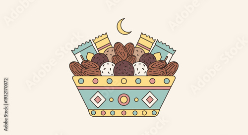 Bowl full of mixed dates chocolates nuts and candies vector illustration for iftar ramadan eid celebration and holiday