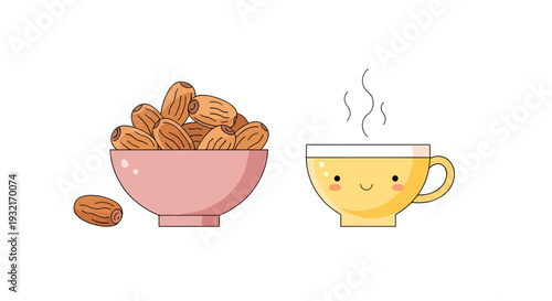 Bowl of dates and steaming cup of tea in cute cartoon style perfect for Ramadan iftar designs and healthy eating promotions