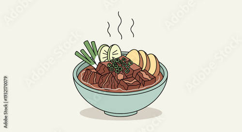 Bowl of appetizing braised pork belly cubes with boiled eggs and scallions vector illustration in cartoon style; traditional cuisine