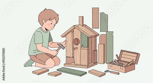 Boy building birdhouse using hammer with wooden planks and toolbox in cartoon illustration against plain background ideal for creative projects