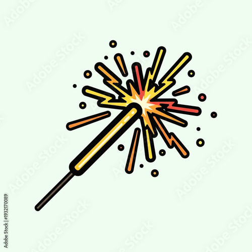 A cartoon illustration of a lit sparkler with bright yellow and orange sparks radiating outwards.