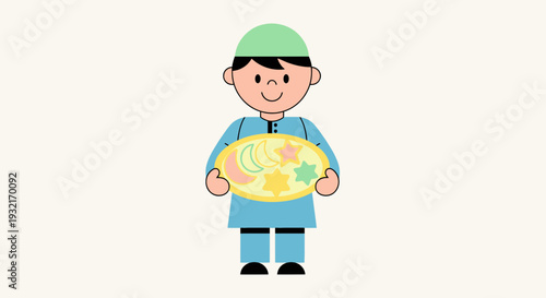 Boy wearing a kufi cap holding a plate with crescent moon and star shaped cookies vector illustration for Islamic holiday