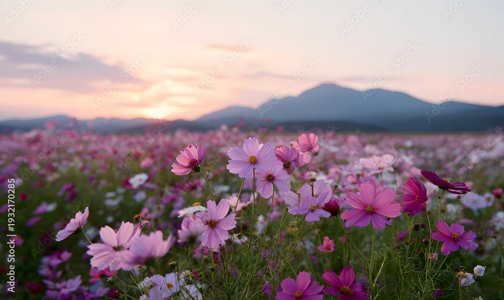 Obraz premium a field of cosmos flowers in full bloom, with the sun setting behind mountains in the background