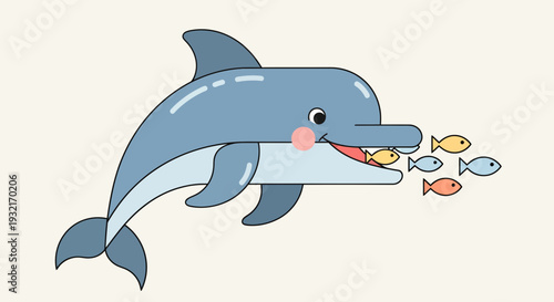 Cartoon dolphin catching fish in mouth illustration; cute marine animal character with blue and yellow colors for kids and educational concept