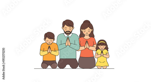 Cartoon family of four kneeling together with hands clasped in prayer illustration on white background; religious faith spiritual