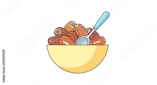 Cartoon drawing of a bowl full of ripe brown dates with a silver spoon offering healthy snack option simple outline style illustration