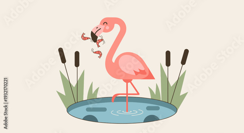 Cartoon flamingo eating shrimp in a pond illustration; whimsical vector design with pink bird and aquatic plants for children's content
