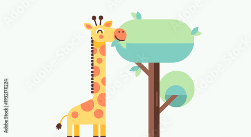 Cartoon giraffe eating leaves from a stylized tree illustration in flat vector design for children's book and educational resource