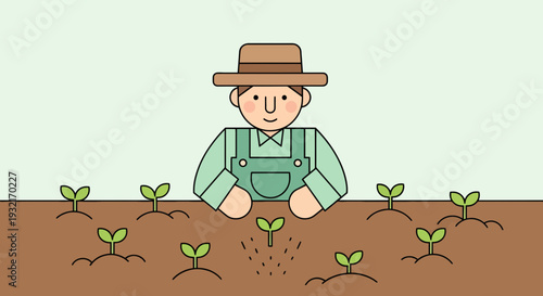 Cartoon farmer planting seeds in a field of sprouts with light green background in vector illustration style for agricultural concepts