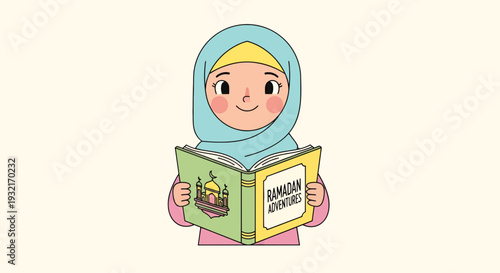 Cartoon girl in hijab reading a ""Ramadan Adventures"" book with mosque illustration in a colorful and cute vector style