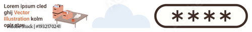 Online security, cloud storage, digital safety, logistics, data protection, warehouse management. A password by asterisks, a cloud and stacked boxes. Online security and cloud storage