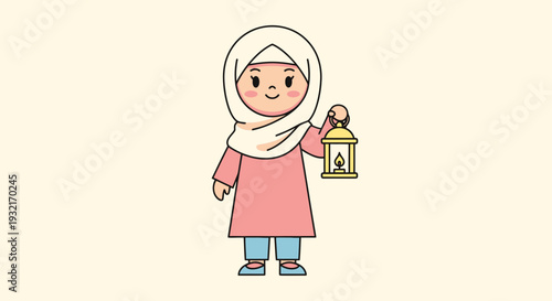 Cartoon girl in hijab holding glowing lantern illustration light yellow background Ramadan Eid celebration festive vector art