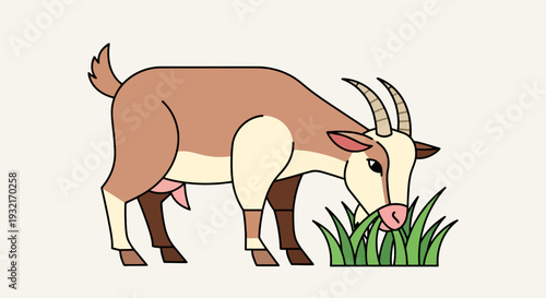 Cartoon goat eating grass in vector illustration style featuring a cute animal with brown and beige colors suitable for children's designs